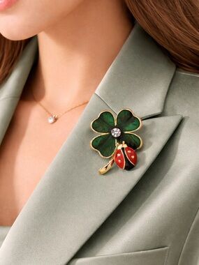 Green Clover Red Ladybug Gold Enamel Brooch